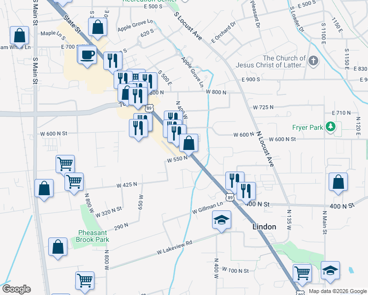 map of restaurants, bars, coffee shops, grocery stores, and more near 565 North State Street in Lindon