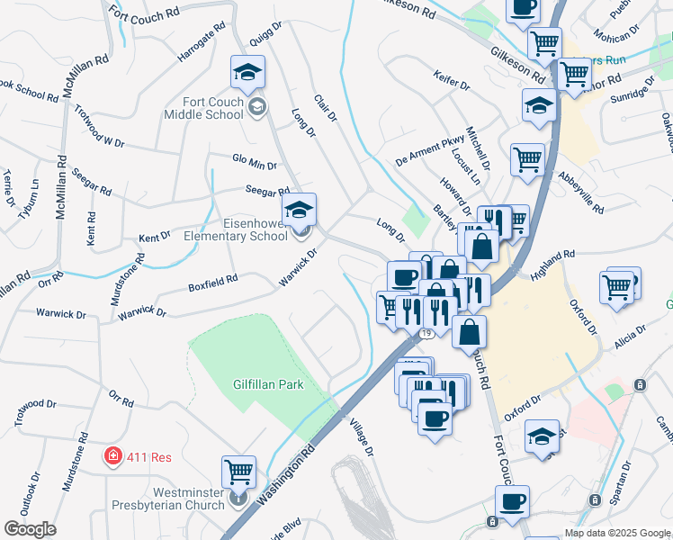 map of restaurants, bars, coffee shops, grocery stores, and more near 223 Lucca Lane in Pittsburgh