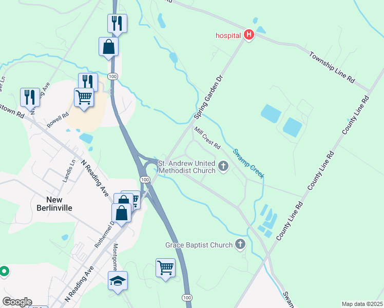 map of restaurants, bars, coffee shops, grocery stores, and more near 7 Walnut Lane in Bechtelsville