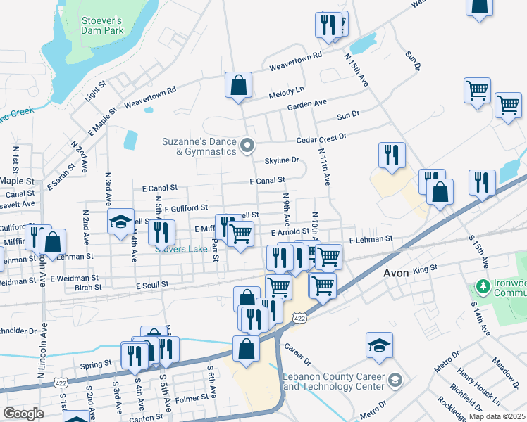 map of restaurants, bars, coffee shops, grocery stores, and more near 514 North 8th Avenue in Lebanon
