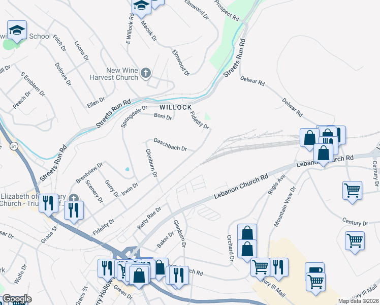 map of restaurants, bars, coffee shops, grocery stores, and more near 1227 Fidelity Dr in Pittsburgh