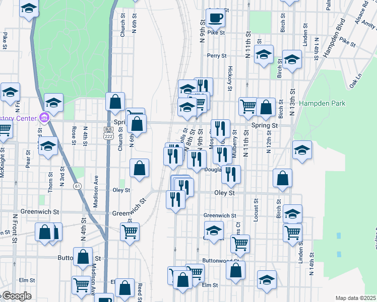 map of restaurants, bars, coffee shops, grocery stores, and more near 863 North 8th Street in Reading