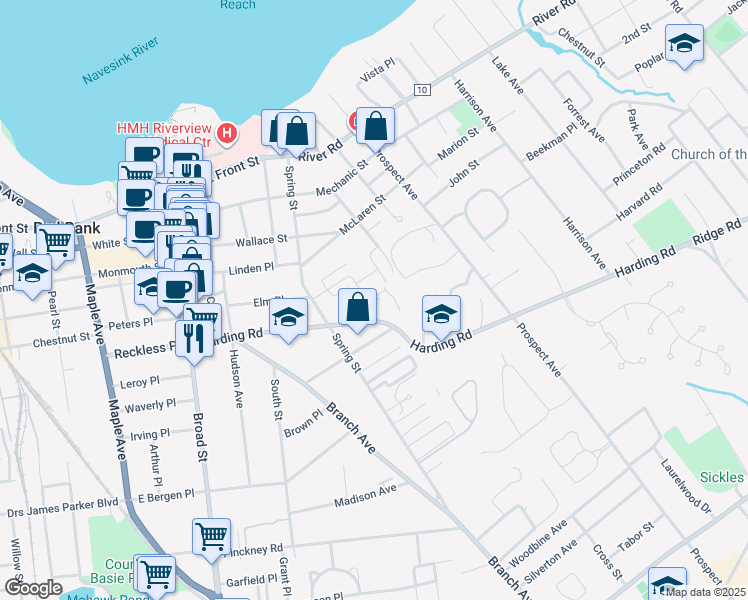 map of restaurants, bars, coffee shops, grocery stores, and more near 92 Manor Drive in Red Bank