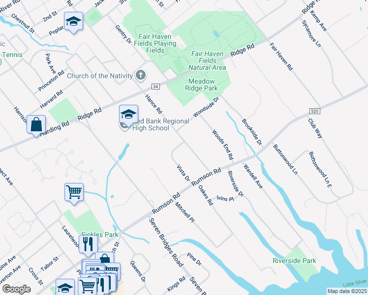map of restaurants, bars, coffee shops, grocery stores, and more near 478 Hance Road in Little Silver