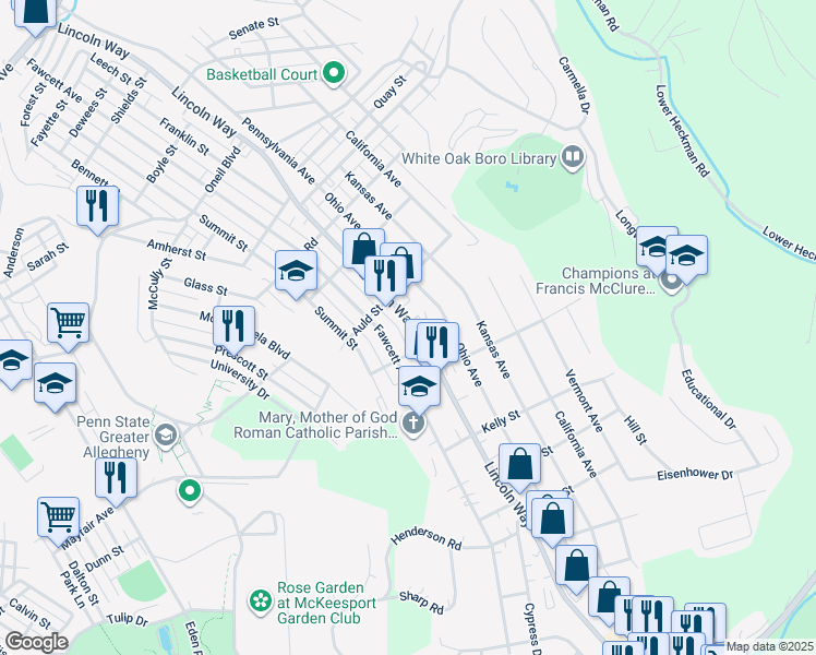 map of restaurants, bars, coffee shops, grocery stores, and more near 1524 Lincoln Way in White Oak