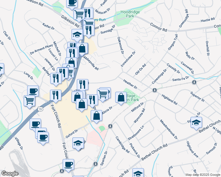map of restaurants, bars, coffee shops, grocery stores, and more near 60 Highland Road in Bethel Park
