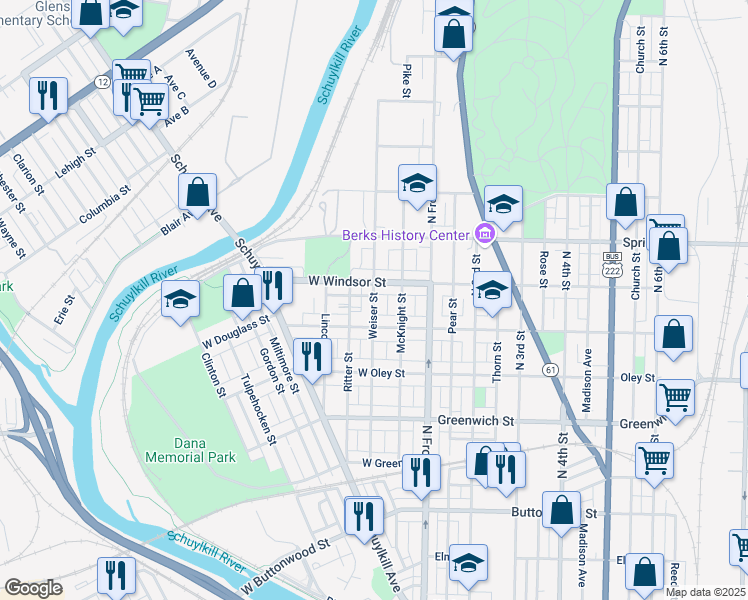 map of restaurants, bars, coffee shops, grocery stores, and more near 837 Weiser Street in Reading