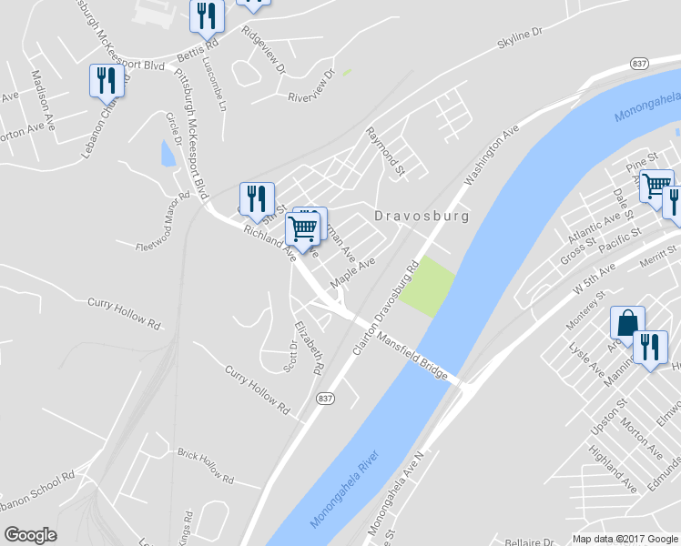 map of restaurants, bars, coffee shops, grocery stores, and more near 114 Maple Avenue in Dravosburg
