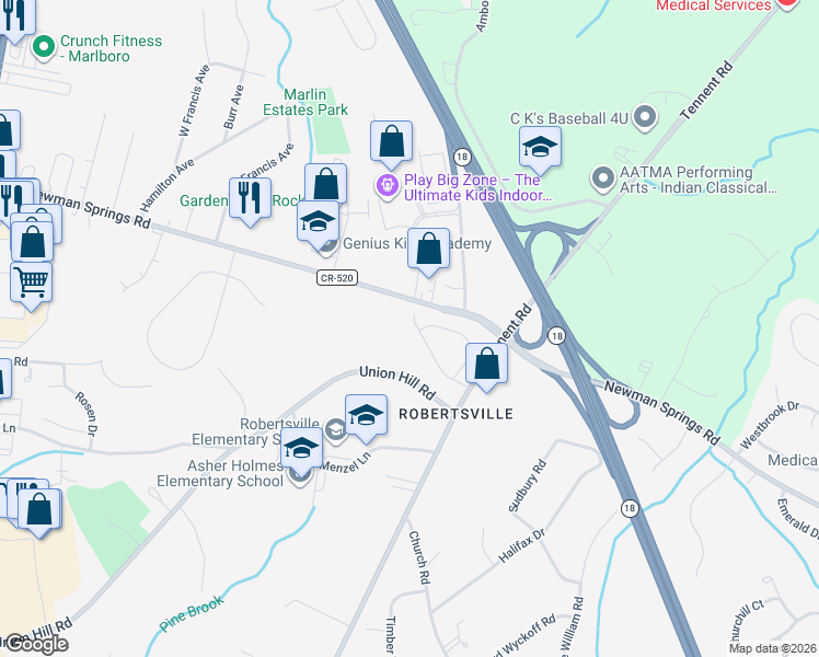 map of restaurants, bars, coffee shops, grocery stores, and more near 125 County Road 520 in Englishtown
