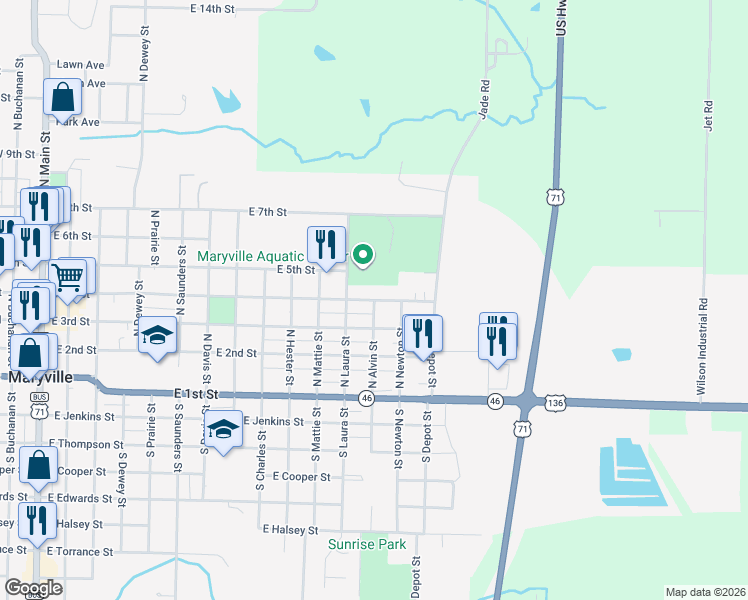 map of restaurants, bars, coffee shops, grocery stores, and more near 1300 East 4th Street in Maryville