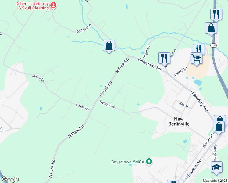 map of restaurants, bars, coffee shops, grocery stores, and more near 53 Knoll Circle in Boyertown