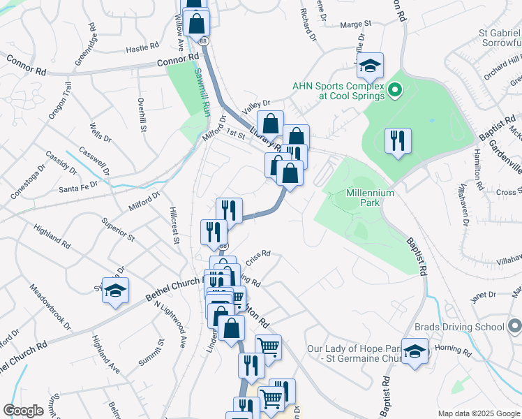 map of restaurants, bars, coffee shops, grocery stores, and more near 4762 Library Road in Bethel Park