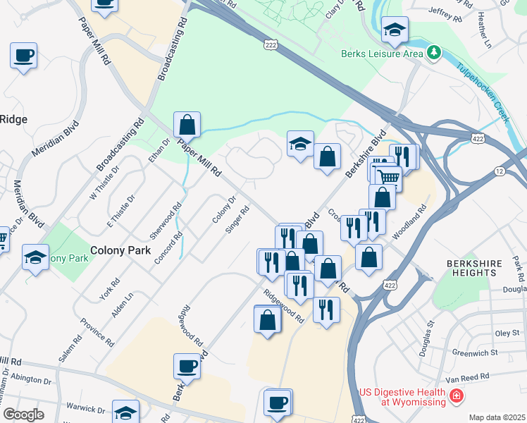map of restaurants, bars, coffee shops, grocery stores, and more near Papermill Road in Wyomissing