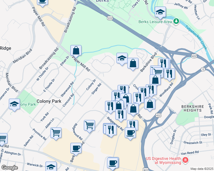 map of restaurants, bars, coffee shops, grocery stores, and more near Papermill Road in Wyomissing