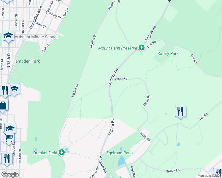 map of restaurants, bars, coffee shops, grocery stores, and more near 802 Angora Road in Reading