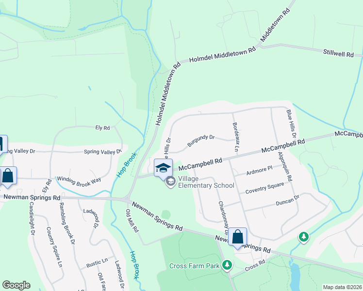 map of restaurants, bars, coffee shops, grocery stores, and more near 16 Burgundy Drive in Holmdel