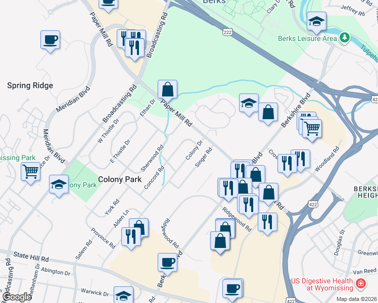 map of restaurants, bars, coffee shops, grocery stores, and more near 1516 Colony Drive in Wyomissing