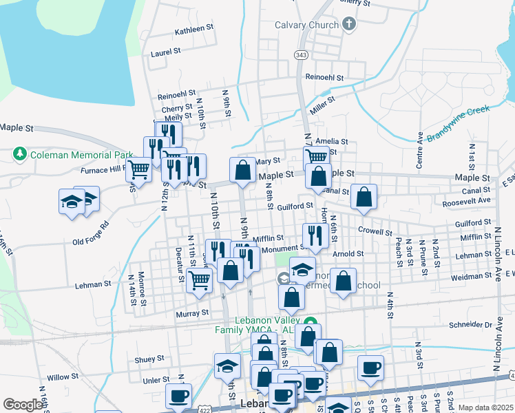 map of restaurants, bars, coffee shops, grocery stores, and more near 823 Guilford St in Lebanon
