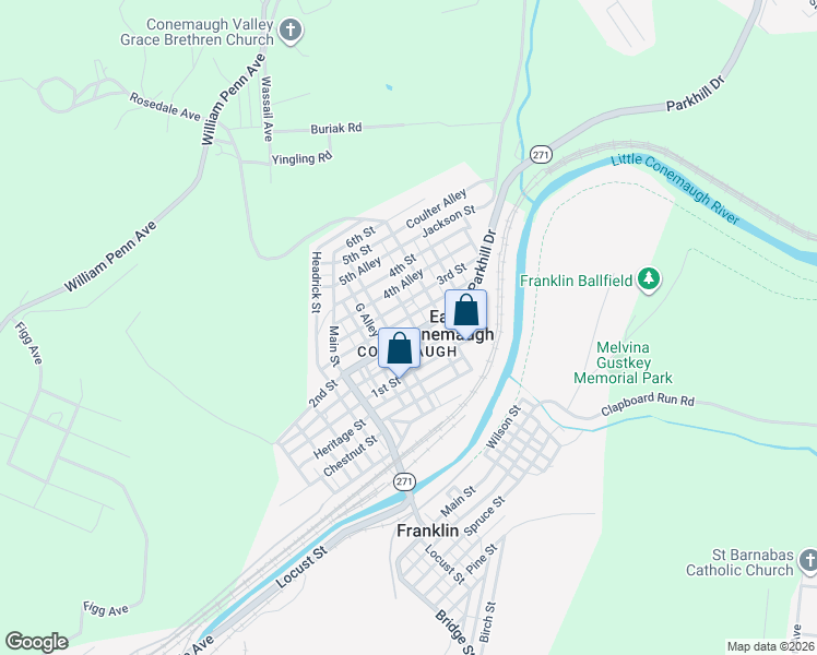 map of restaurants, bars, coffee shops, grocery stores, and more near 238 2nd Street in Johnstown