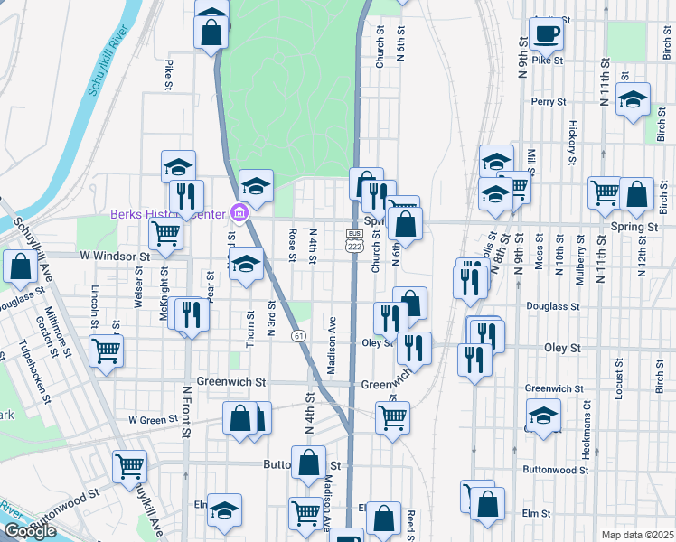 map of restaurants, bars, coffee shops, grocery stores, and more near 844 Madison Avenue in Reading