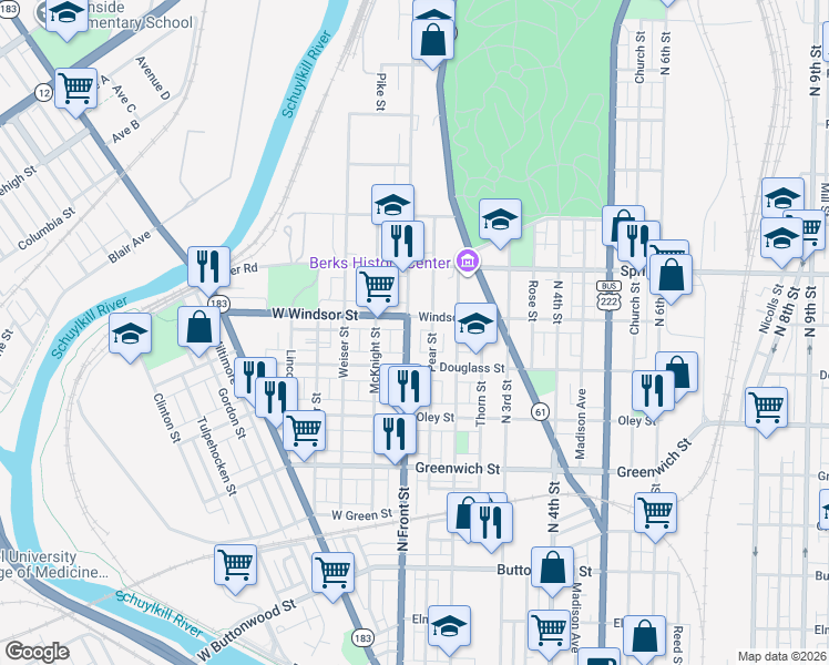 map of restaurants, bars, coffee shops, grocery stores, and more near 834 Pear Street in Reading