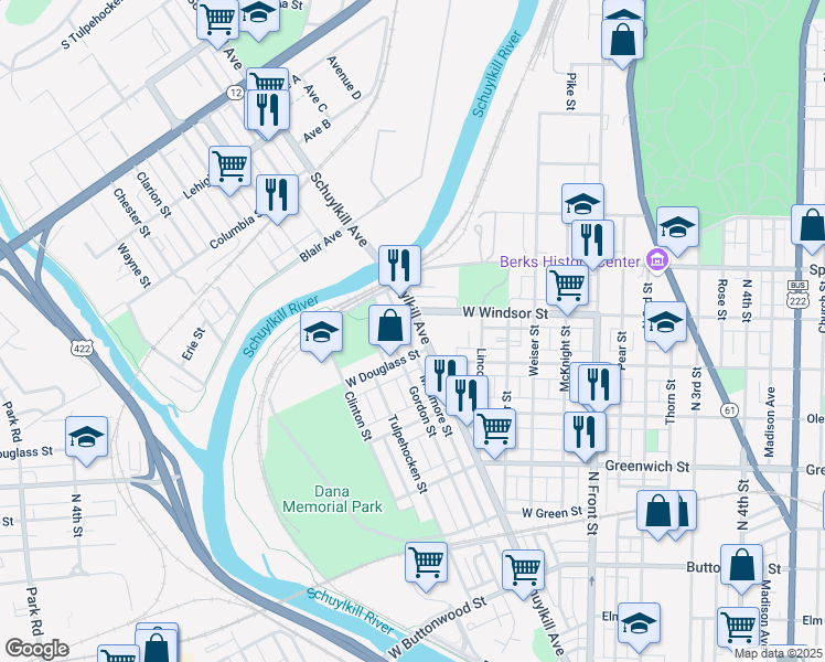 map of restaurants, bars, coffee shops, grocery stores, and more near 833 Schuylkill Avenue in Reading