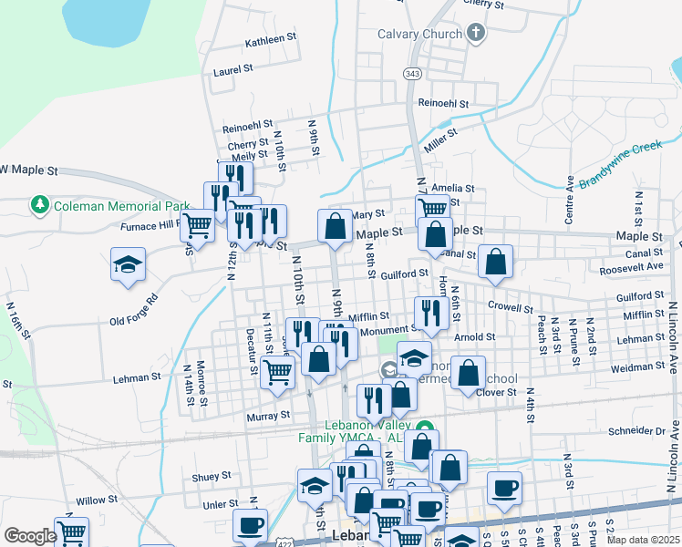map of restaurants, bars, coffee shops, grocery stores, and more near 823 Guilford Street in Lebanon