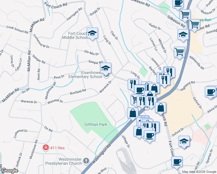 map of restaurants, bars, coffee shops, grocery stores, and more near 101 Warwick Drive in Pittsburgh