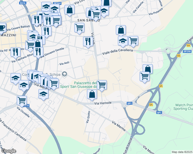 map of restaurants, bars, coffee shops, grocery stores, and more near 18 Via Gabriele Caiulo in Lecce