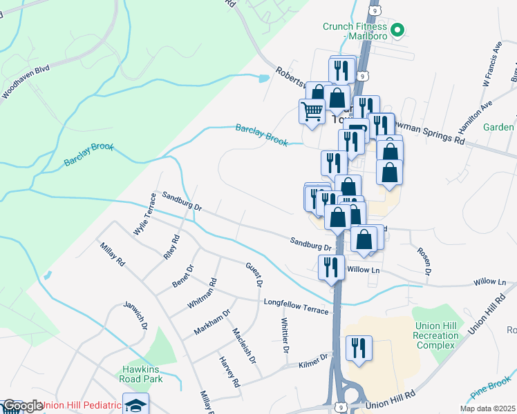 map of restaurants, bars, coffee shops, grocery stores, and more near 156 Serpentine Dr in Marlboro