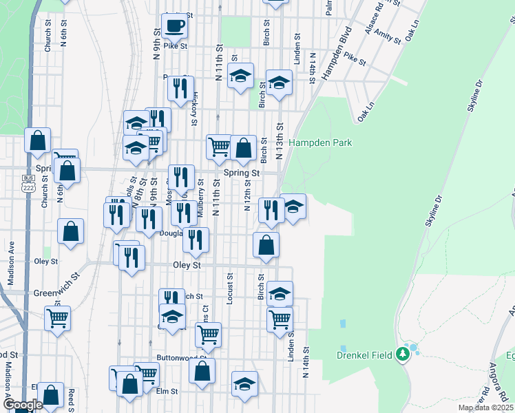 map of restaurants, bars, coffee shops, grocery stores, and more near 1214 Windsor Street in Reading