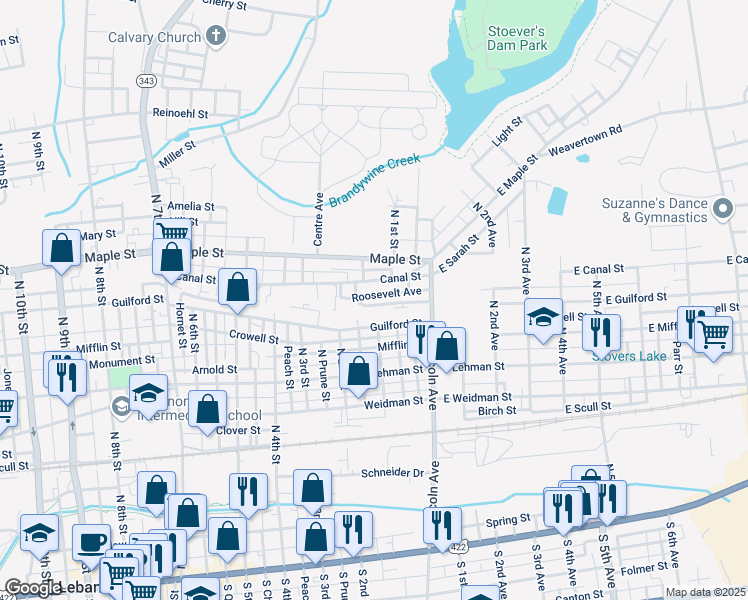 map of restaurants, bars, coffee shops, grocery stores, and more near 67 Tiffany Lane in Lebanon