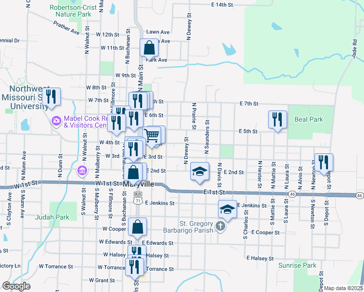map of restaurants, bars, coffee shops, grocery stores, and more near 334 East 4th Street in Maryville