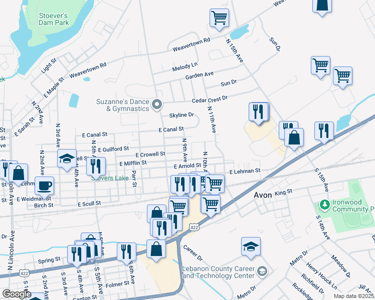 map of restaurants, bars, coffee shops, grocery stores, and more near 514 North 9th Avenue in Lebanon