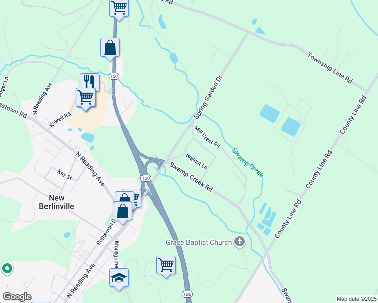 map of restaurants, bars, coffee shops, grocery stores, and more near 5 Walnut Lane in Bechtelsville