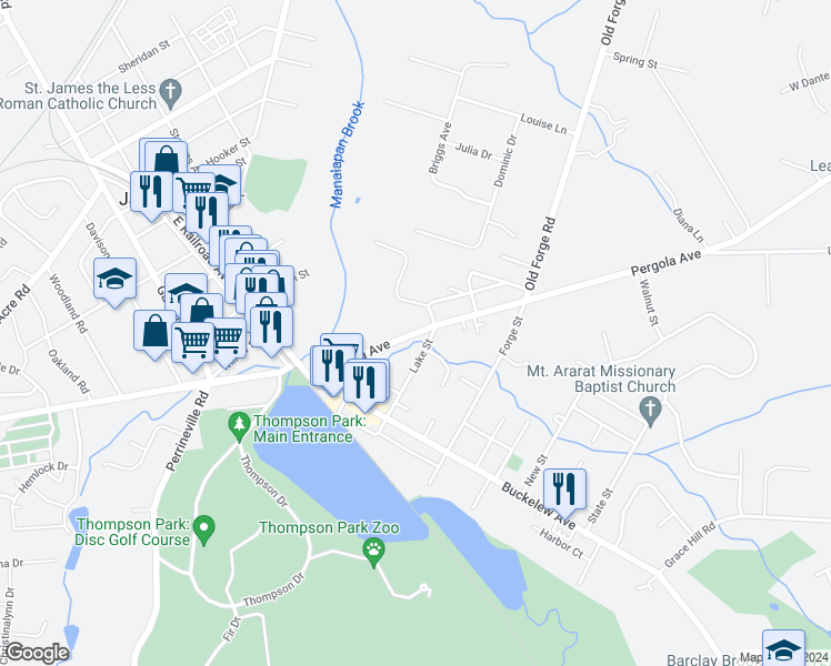 map of restaurants, bars, coffee shops, grocery stores, and more near 15-35 Pergola Avenue in Jamesburg