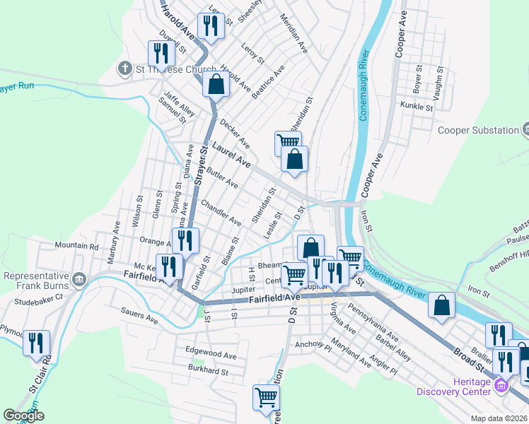 map of restaurants, bars, coffee shops, grocery stores, and more near 126 1/2 Sheridan Street in Johnstown