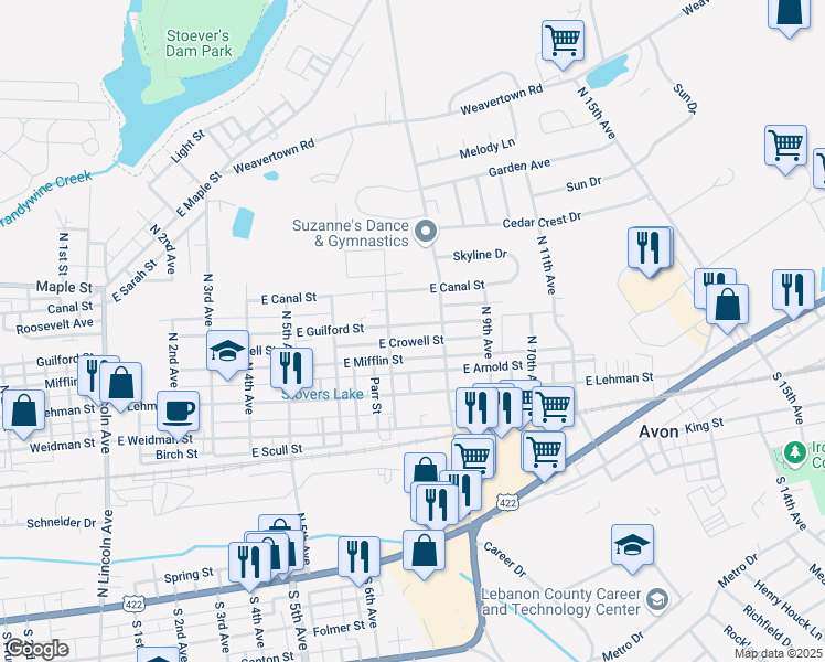 map of restaurants, bars, coffee shops, grocery stores, and more near 722 East Guilford Street in Lebanon