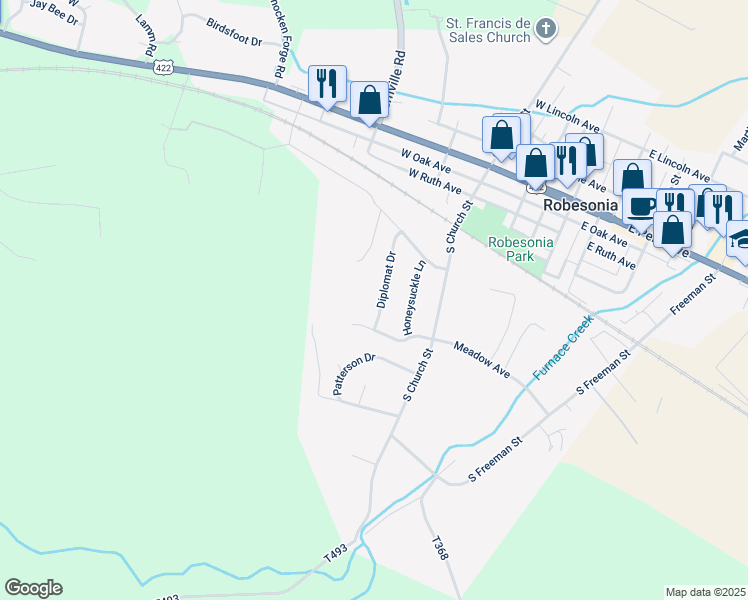 map of restaurants, bars, coffee shops, grocery stores, and more near 276 Diplomat Drive in Robesonia