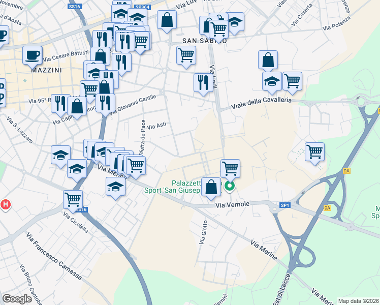 map of restaurants, bars, coffee shops, grocery stores, and more near 3 Via Carlo Carrá in Lecce