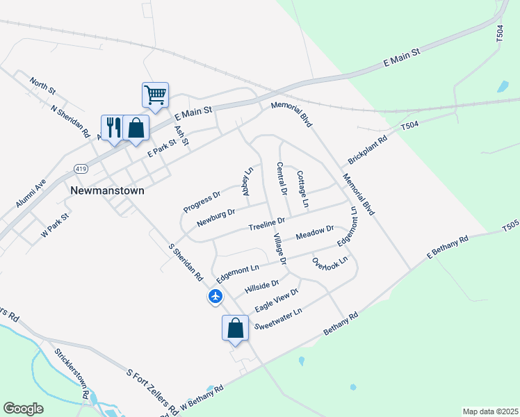 map of restaurants, bars, coffee shops, grocery stores, and more near 40 Newburg Drive in Newmanstown