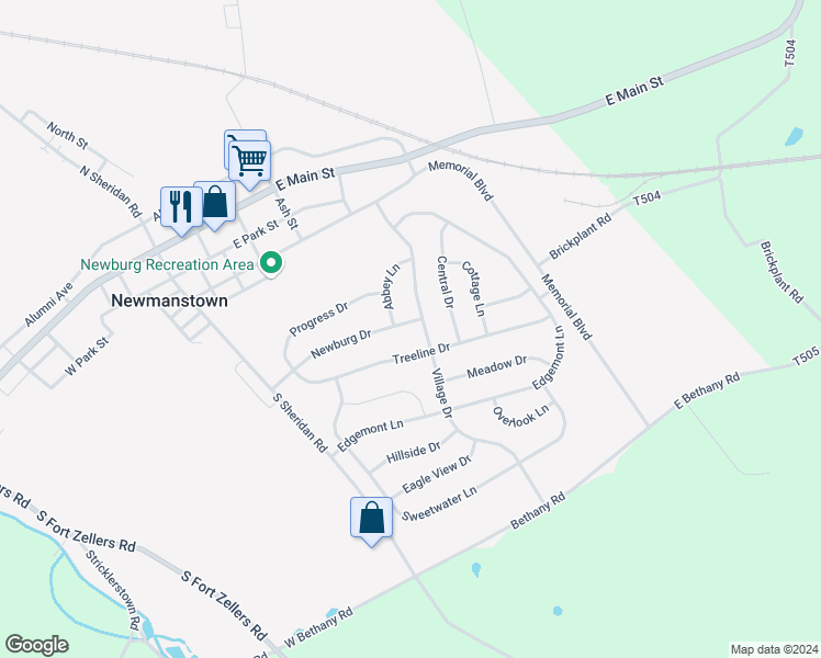 map of restaurants, bars, coffee shops, grocery stores, and more near 40 Newburg Drive in Newmanstown