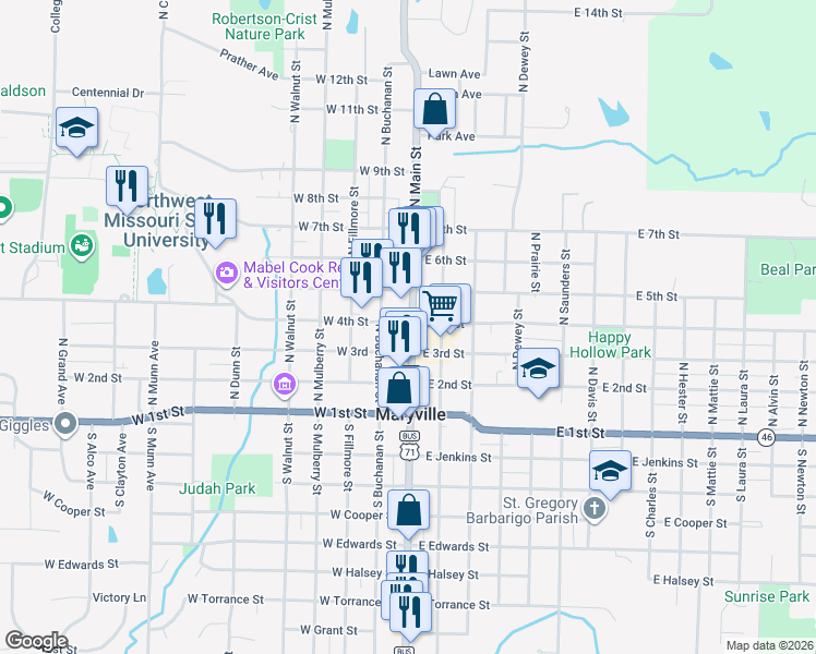 map of restaurants, bars, coffee shops, grocery stores, and more near 314 North Main Street in Maryville