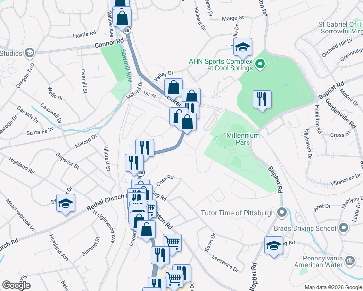 map of restaurants, bars, coffee shops, grocery stores, and more near 104 Wagner Drive in Bethel Park