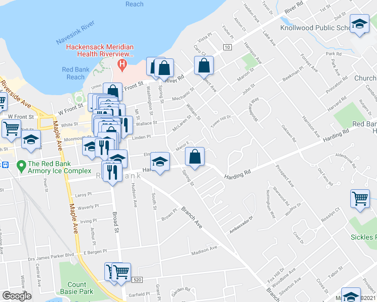 map of restaurants, bars, coffee shops, grocery stores, and more near 154 Manor Drive in Red Bank