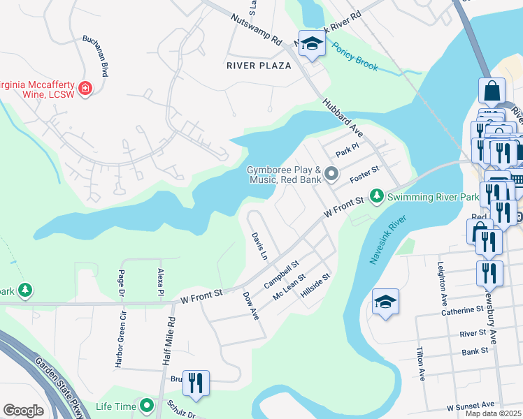 map of restaurants, bars, coffee shops, grocery stores, and more near 85 Davis Lane in Red Bank