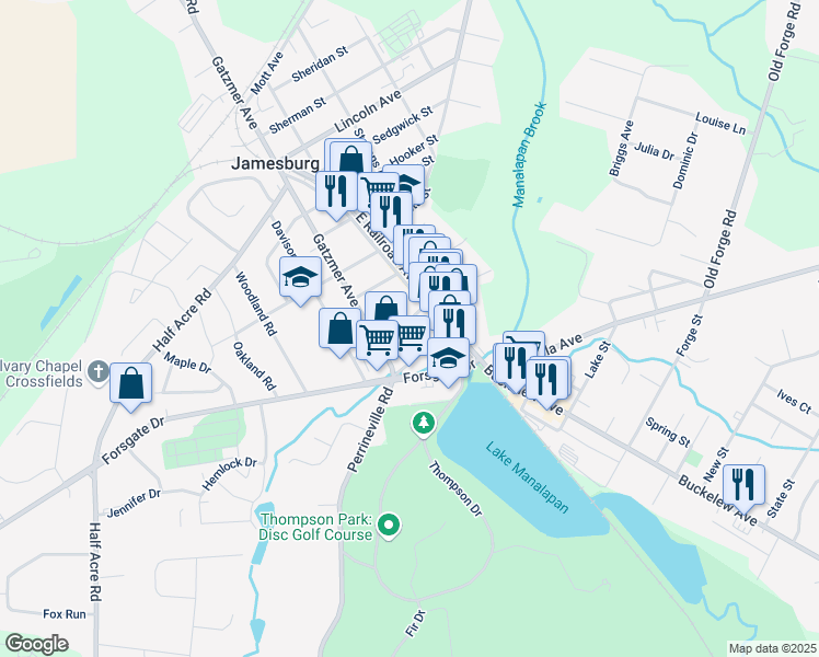 map of restaurants, bars, coffee shops, grocery stores, and more near 8 West Church Street in Jamesburg