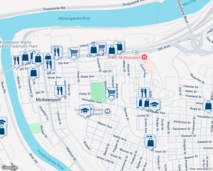 map of restaurants, bars, coffee shops, grocery stores, and more near 900 Lawndale Street in McKeesport