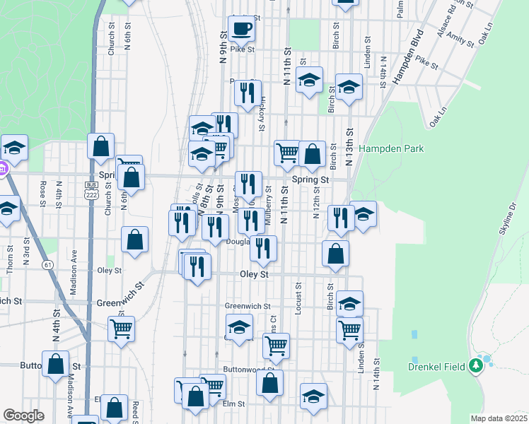 map of restaurants, bars, coffee shops, grocery stores, and more near 1018 Windsor Street in Reading