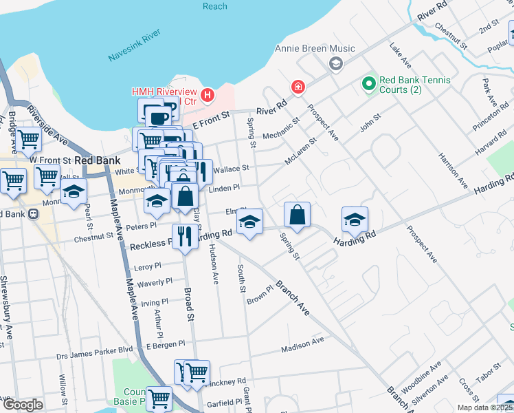 map of restaurants, bars, coffee shops, grocery stores, and more near 54 Elm Place in Red Bank